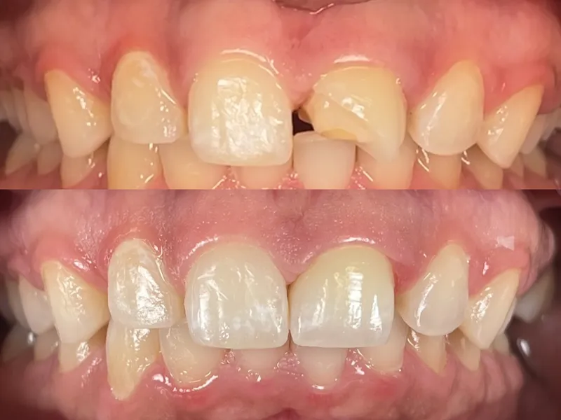 Before and after cosmetic bonding for chipped front teeth