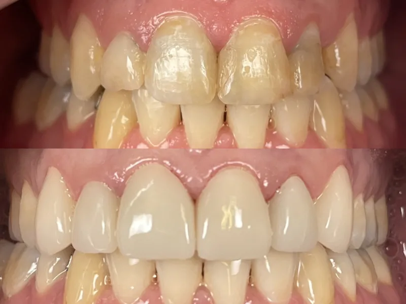 Before and after cosmetic crowns for discolored front teeth